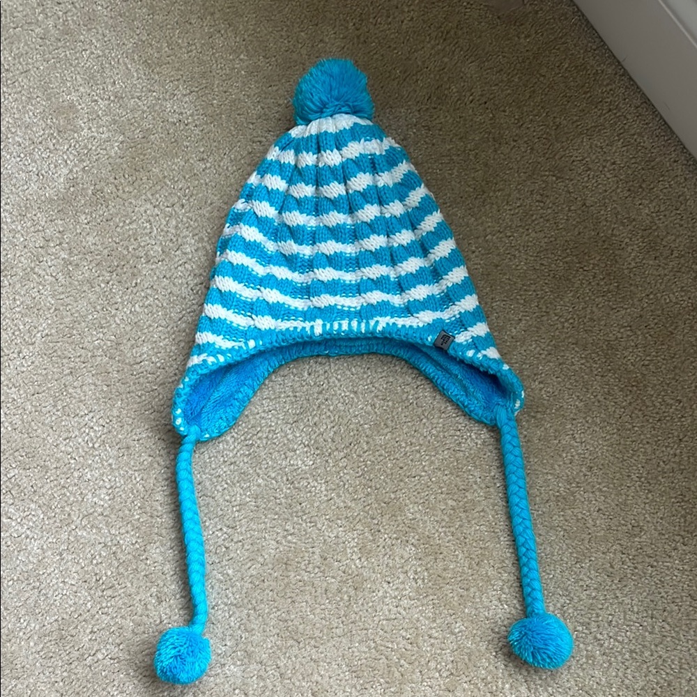 The North Face Blue and White Knit Fleece Lined Winter Hat